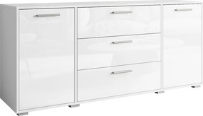 Nowoczesna komoda 150 cm do salonu – 3 szuflady i 2 szafki, korpus biały mat, fronty białe połysk