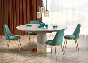 Rozkładany stół okrągły Muskat 120-160 cm z ceramicznym szarym blatem na jednej nodze MDF, złota podstawa do jadalni