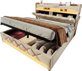 Łóżko z pojemnikiem 160x200 cm - z zagłówkiem ze złączem LED, USB i typem C, podnośnikiem hydraulicznym - pościel - beżowe - materac w cenie
