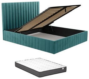 Łóżko ze skrzynią 180 x 200 cm i zagłówkiem z pionowymi przeszyciami – Welur – Butelkowa Zieleń + Materac - LARALI marki Pascal Morabito