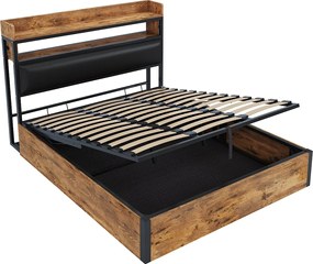 Łóżko vintage ze schowkiem - 180 x 200 - z USB + tapicerowany zagłówek ze schowkiem - Metal + tkanina + MDF - czarne