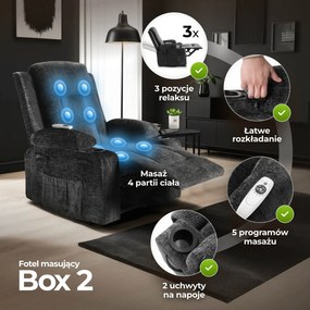 Fotel Masujący BOX Rozkładany Wypoczynkowy z Podnóżkiem Czarny Welurowy Nowoczesny