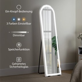 HOMCOM Lustro całopostaciowe z lampami LED, 150 x 40 cm, łukowe, ściemnialne, 3 kolory światła, wolnostojące lub do montażu na ścianie, biały