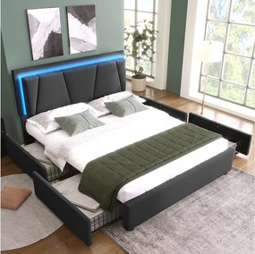Łóżko tapicerowane dwuosobowe - 160 x 200 cm - z oświetleniem LED + 4 szuflady + regulowany zagłówek - drewno - kolor szary