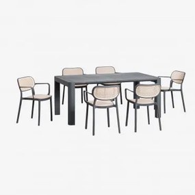 Zestaw Stołu Prostokątnego 180x100 Cm Arnadine Oraz 6 Sztaplowanych Krzeseł Ogrodowych Z Podłokietnikami Z Polipropylenu Omara Grafitowa - Sklum