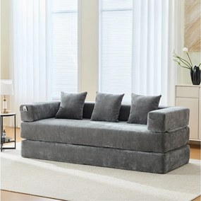 Sofa 2-osobowa, Rozkładana sofa z bocznymi kieszeniami na przechowywanie - Szara tkanina chenille