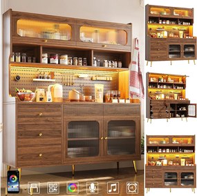 Nowoczesna komoda kuchenna - 145 x 39 x 171 cm - z diodami LED + 5 szuflad + drzwi + półka i perforowana ścianka - MDF + szkło - biała