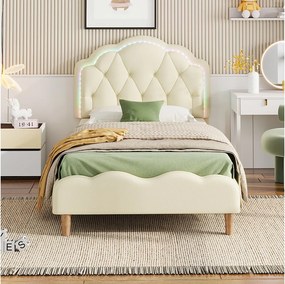 Łóżko tapicerowane 90 x 200 cm z wezgłowiem i kolorowymi paskami LED - skóra ekologiczna - białe