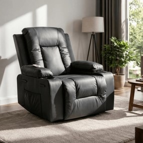Fotel Masujący BOX Rozkładany Wypoczynkowy z Podnóżkiem Czarny Ekoskóra Nowoczesny