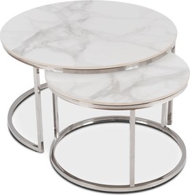 Zestaw Stolików Kawowych AMARA MAX 60 cm/80 cm Biały Marmur/Srebrny Glamour