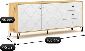Komoda Dwudrzwiowa z Szufladami BACARDI 183 cm Dąb Artisan/Biały Nowoczesna