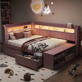 Łóżko dziecięce z pojemnikiem na pościel - 90 x 200 cm - z portem USB, diodami LED, półką, półką na buty i 2 szufladami - płyta MDF - różowe