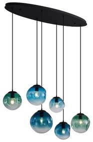 Lampa wisząca Art Deco czarna z owalną płytą sufitową i zielonym i niebieskim szkłem 6-punktowa - Douglass