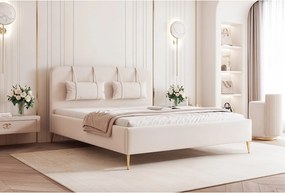 BESILIO Łóżko na złotych nogach 160x200 Monti II - Łóżko slim, ozdobne poduszki ściągane, metalowe nogi, ze stelażem i pojemnikiem na pościel- Kremowy