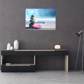 Obraz na szkle - piasek, lilie i kamienie spa (70x50 cm)