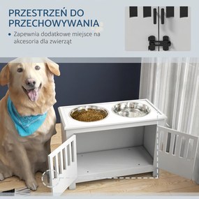 PawHut Podwyższona stacja żywieniowa dla dużych psów, 2 miski ze stali nierdzewnej, przestrzeń do przechowywania, 35,5x60x30 cm, Biały