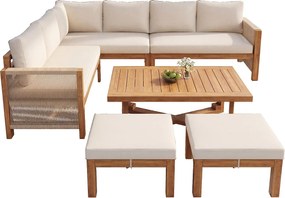 Zestaw mebli ogrodowych modułowych 6-osobowy - sofa + stół + poduszki + 2 stołki - drewno akacjowe - beż