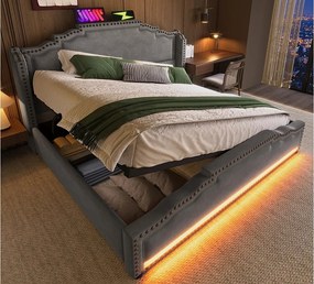 Łóżko tapicerowane 140 x 200 cm - z funkcją ładowania USB i LED u stóp łóżka - Szare