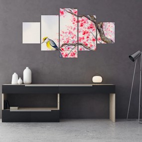 Obraz - ptak na drzewie z czerwonymi kwiatami (125x70 cm)