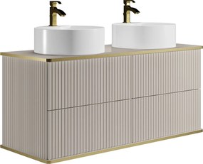 Podwieszana szafka łazienkowa prążkowana ze złotą obwódką z podwójną nablatową umywalką okrągłą - Beżowa - 120 cm - KELIZA