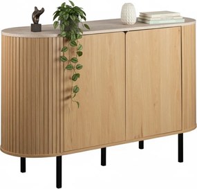Owalna komoda do salonu ryflowana Fabia 120 cm, dąb/trawertyn
