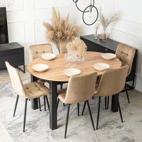 Zestaw Stół Okrągły Rozkładany HARRY 102-142 cm Dąb Craft/Czarny i 6 Krzeseł PERU Beżowych Welurowych Nowoczesnych