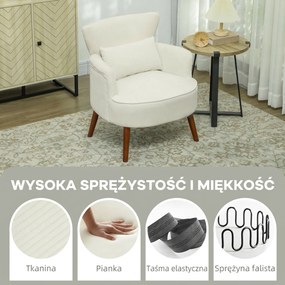 HOMCOM Nowoczesny Fotel z Podłokietnikami, Tapicerowany Akcentowy Fotel z Poduszką Lędźwiową, Nogi z Drewna Kauczukowego, Kremowy | Aosom PL