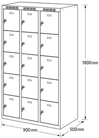 Alfa 3 Szafka skrytkowa, 15 schowków, 1800 x 900 x 500 mm, zamek obrotowy, drzwi ciemnoszare