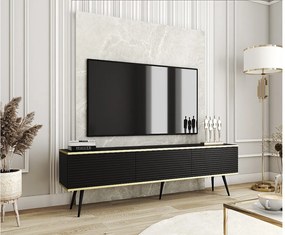 Szafka RTV z czarnymi listwami, czarne nóżki, 175 x 30 x 52 cm, Push to Open