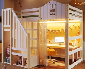 Łóżko na antresoli 90x200 cm - z oświetleniem LED - z drabiną schowkową - z przegrodami przechowawczymi - Biały + Naturalny