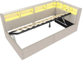 Leżanka 90x200 cm, łóżko z pojemnikiem, oświetleniem LED i portem USB, półki - beżowy len (bez materaca)