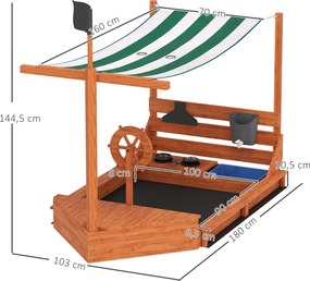 Outsunny Piaskownica z osłoną przeciwsłoneczną Piracki Statek, w zestawie zestaw kuchenny dla dzieci, Drewno Jodłowe, 180 x 103 x 144,5 cm, Pomarańczowy
