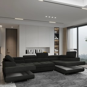 Masseno Narożnik RAGGIO z funkcją spania i pojemnikiem na pościel Narozniki U, Rozkładana sofa - Czarny, MONOLITH 95