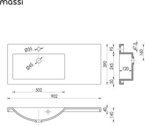Umywalka wpuszczana w blat z konglomeratu WAVE 90 cm Lewa