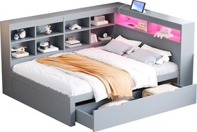 Łóżko z pojemnikiem na pościel z litego drewna 140x200 cm - z LED i gniazdami USB - Szare