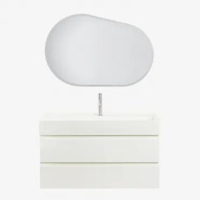 Zestaw Wiszących Mebli Łazienkowych Z Drewna I Forniru Jesionowego Zintegrowany Z Umywalką Ona Biała & Owalna Lampa Led - Sklum