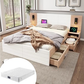 Łóżko dla dorosłych 140x200 cm - z zagłówkiem, gniazdem USB, 2 szufladami, stelażem - kolor biały i jasny dąb - materac nie jest wliczony w cenę