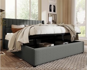 Łóżko ze schowkiem i zagłówkiem - 160 x 200 cm - tkanina lniana - stelaż z litego drewna - szary