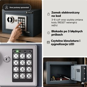Mini sejf domowy elektroniczny na kod, na pieniądze i biżuterię, 230x170x170 mm: HECTOR