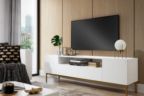 Szafka RTV Nicole 200 cm z wnęką i szufladami - biały mat / złote nóżki