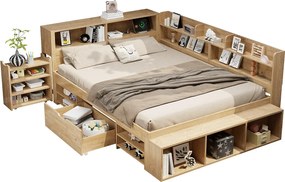 Łóżko dziecięce z pojemnikiem - 140 x 200 cm - z wysuwanymi szufladami nocnymi + półka - sklejka - naturalne