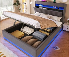 Tapicerowane łóżko z pojemnikiem 140x200 cm - z portem USB Type-C - z oświetleniem LED - z przegródką do przechowywania - Szary​ (materac nie jest wliczony w cenę)