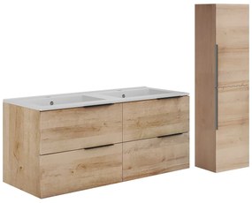 Szafka łazienkowa wisząca  z umywalką do zabudowy i kolumną - Jasny naturalny - 120 cm - NISAYA