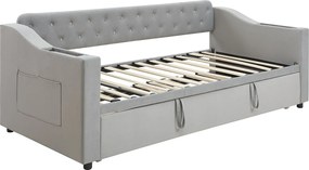 Łóżko piętrowe 90/180x190 cm - z gniazdkami i kieszenią na przechowywanie - materiał aksamitny - Szary