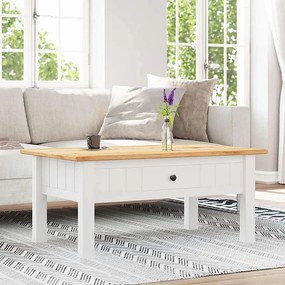 Prostokątny stolik kawowy z litego sosnowego drewna biały i naturalne drewno 100x60x45 cm z szufladą Panama