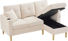 Beżowa sofa 3-osobowa - Narożnik z 2 poduszkami i uchwytem na kubek - Kieszenie boczne i schowki - Bawełna i len