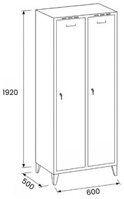 Metalowa szafka ubraniowa na nogach, 2-drzwiowa, 1920 x 600 x 500 mm, zamek cylindryczny, drzwi szare