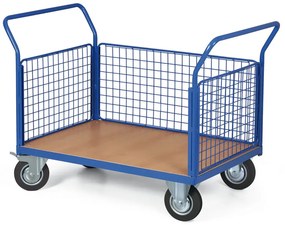Wózek platformowy - 3 burty z siatki, 1000 x 700 mm, nośność 300 kg, koła 160 mm z czarną gumą