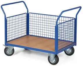 Wózek platformowy - 3 burty z siatki, 1000 x 700 mm, nośność 300 kg, koła 160 mm z czarną gumą