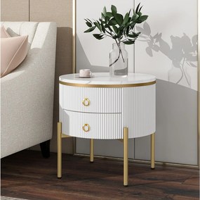 Okrągły stolik kawowy z 2 szufladami - 50x50x51cm - drewno MDF - złote nogi i uchwyty - biały